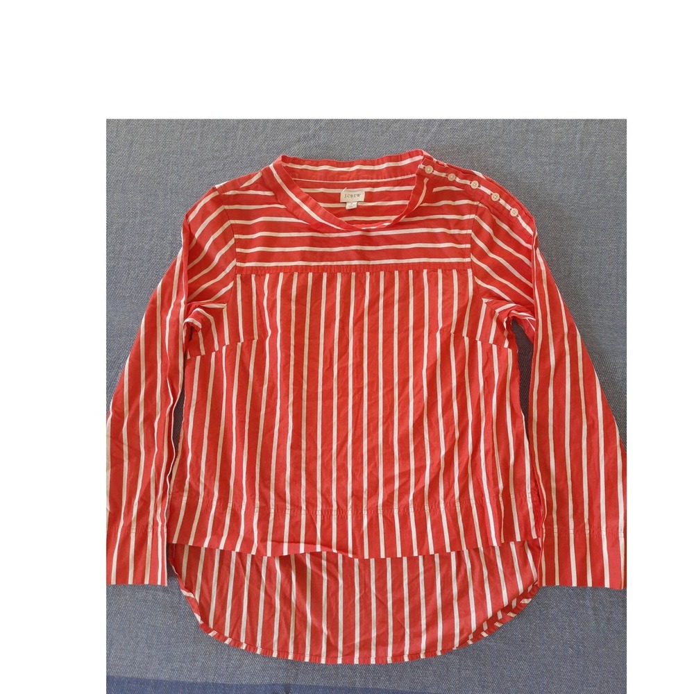 J.Crew Womens Red White Striped Shoulder Button High Low Cotton‎ Blouse Size 8